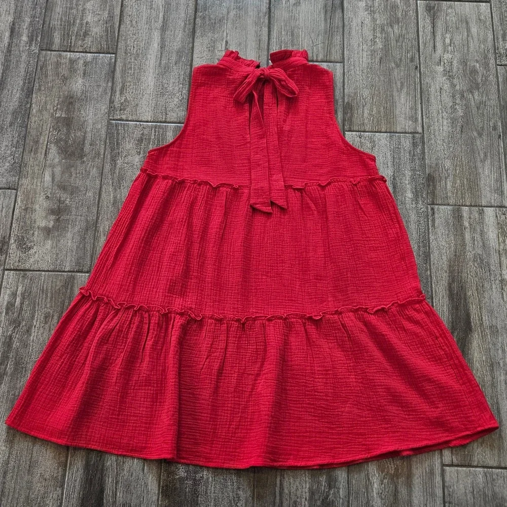 Pomander Place Morgan Gauze Tiered Mini Dress Size XL Red Sleeveless Tie‎ Back